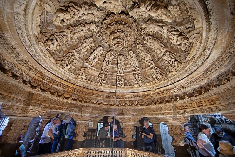 Sculptures on the ceiling in the Jain temple Chandraprabhu in the fortress in Jaisalmer, Rajasthan, India