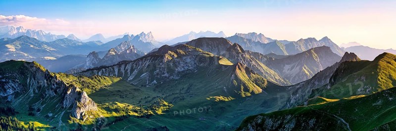 Panorama from Mount Gantrisch, sunset over the Bernese and Fribourg Pre-Alps, Canton of Bern, Switzerland
