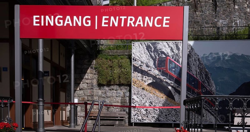 Pilatus railway, the world's steepest cogwheel railway from Alpnach to Mount Pilatus, entrance, Alpnachstad valley station, Canton Lucerne, Switzerland