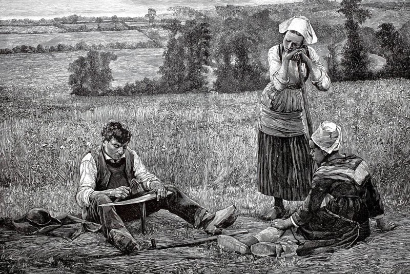 Agriculture, Farmer cutting grass in the field, the man is dening, sharpening, a scythe, 1880, France, Historical, Digitally restored reproduction from a 19th century original, Record date not stated