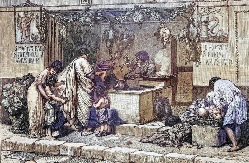 Ancient Roman shop, Rome, Italy, coloured wood engraving, reproduction of a model from ca 1888, Historical, Lively Roman market scene with people in antique clothes