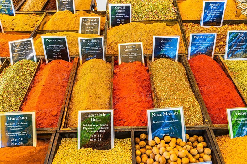 Spices on a stall at the Whitsun market in Portoferraio, Elba Island, Tuscan Archipelago National Park, Tuscany, Italy