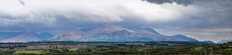 Panorama of Nevis Range Mountains from Commando Memorial, Grampian Mountains, Fort William, Highland, Lochaber, Scotland, UK