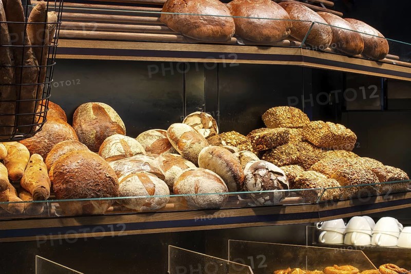 Different types of bread in a bakery