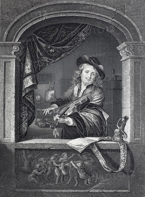 Gerard Dou, Gerard Dow, b. 7 April 1613, d. 9 February 1675, Dutch Baroque painter, here as a violinist, historical, digitally restored reproduction of a 19th century original