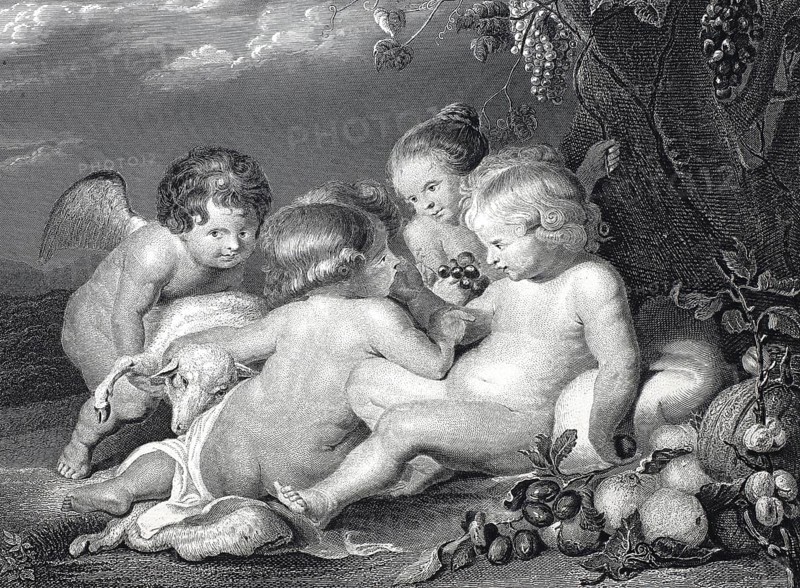 Christ and John as children, steel engraving after a painting by Rubens, historical, digitally restored reproduction of a 19th century original