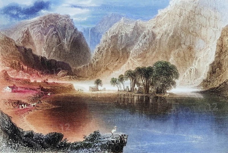 Gougane Barra Lake, County Cork, Ireland, from the Landscape and Antiquities of Ireland, 1841, digital reproduction of a historical model