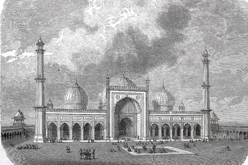 Entrance gate to Jama Masjid Delhi the largest and oldest mosque in India built by Grand Mughal Shah Jahan in 1656, India, digitally enhanced reproduction of a 19th century model, historical