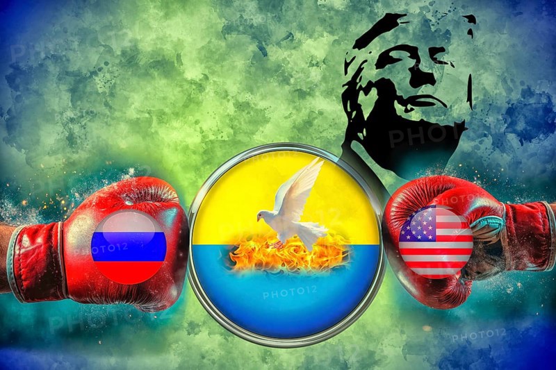 Symbolic image, boxing gloves with USA and Russia flag for Ukraine war, dove of peace in the fire, President Trump's erratic decisions, three years of war, commodity blackmail, global crises, tariffs, share prices on the slide, euro, euro exchange rate, exchange rates, dollar parity, financial investment, recession worries, inflation, exports, commodities and primary products in dollars, oil in dollars, world crisis, Germany, loss of democracy, autocracy, China, Russia