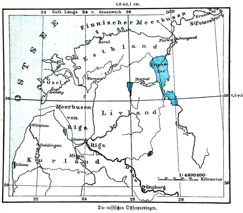 Russian Baltic Sea provinces, historical geographical map, topography, Estonia, Latvia, Lithuania, Courland, Riga, St. Petersburg, Lake Peipus, Gulf of Finland, borders, border area, conflict, territorial claim, political situation, latitude and longitude, scale, distance in kilometres, Seydlitz Geography 1885