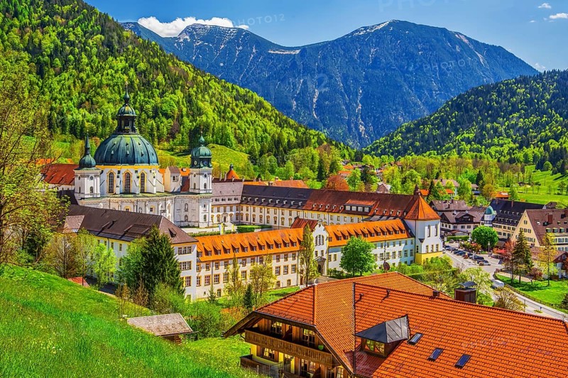 Ettal Monastery in spring, municipality of Ettal, Ammergau Alps, Upper Bavaria, Bavaria, Germany