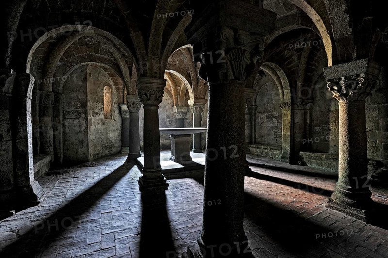 Vault, backlit altar between columns, underground grove of columns, pagan crypt, 10th century, gloomy lighting, dramatic, Cathedral of Acquapendente, Basilica of the Holy Sepulchre, Basilica Santo Sepolcro, Basilica minor, Aquapendente, Province of Viterbo, Lazio, Italy