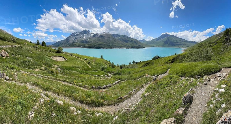 Panoramic view of Jardin Alpin in the foreground, Lac du Mont Cenis reservoir behind, Mont Cenis massif, Massif du Mont-Cenis, Graian Alps, Lanslebourg, Rhone-Alpes, France