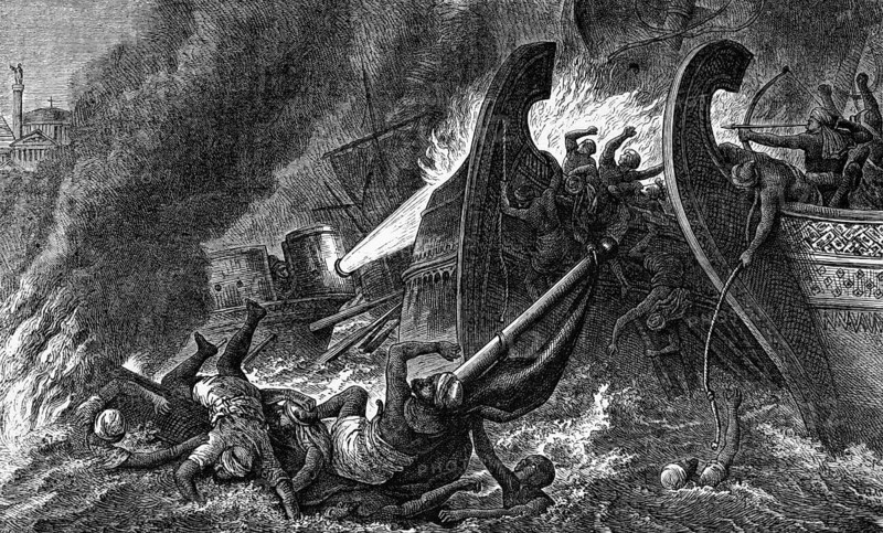 Ships destroyed by Greek fire, which were used to great effect against the Muslim fleets and helped to fend them off during the first and second Arab siege of Constantinople in 672 AD, digital reproduction of a historical model