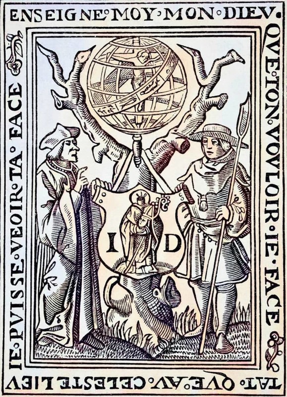 The Marque of Jehan St Denis, Parisien, bookseller of science and literature in the Middle Ages by Paul Lacroix, coloured, published in London 1878, digital reproduction of a historical original
