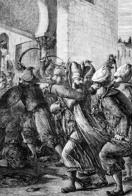 The attack by the supreme black eunuch named Nezir and his men on the Seraglio and the palace in Constantinople in 1807, in which Selim III, the reform-minded Sultan of the Ottoman Empire from 1789 to 1807, was murdered, digital reproduction of a historical model