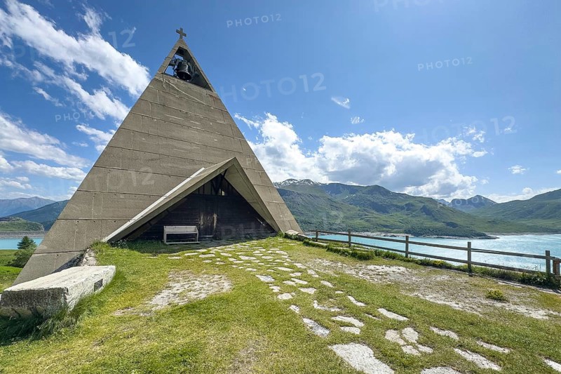 Mont-Cenis Pyramid Museum built in 1967 above the Lac du Mont Cenis in a stylised pyramid as a museum to commemorate the Egyptian campaigns of Emperor Napoleon Bonaparte and the time in front of the construction of the reservoir, Mont Cenis massif, Massif du Mont-Cenis, Graian Alps, Lanslebourg, Rhone-Alpes, France