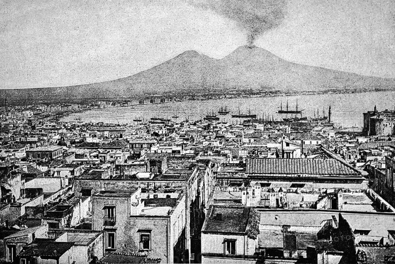 Cityscape of Naples with the smoking Vesuvius volcano, Gulf of Naples with sailing ships at anchor, Italy, historical illustration 1896