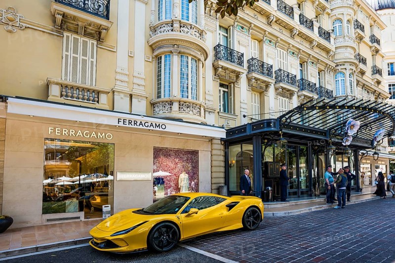 Luxury car and luxury hotel, Monte Carlo, Cote d'Azur, Monaco