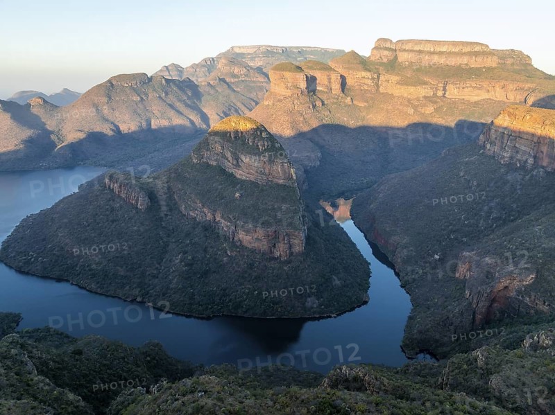 Sunset, Blyde River Canyon with Three Rondawels peak, view of gorge with Blyde River and Table Mountains, canyon landscape, Panorama Route, Mpumalanga, South Africa