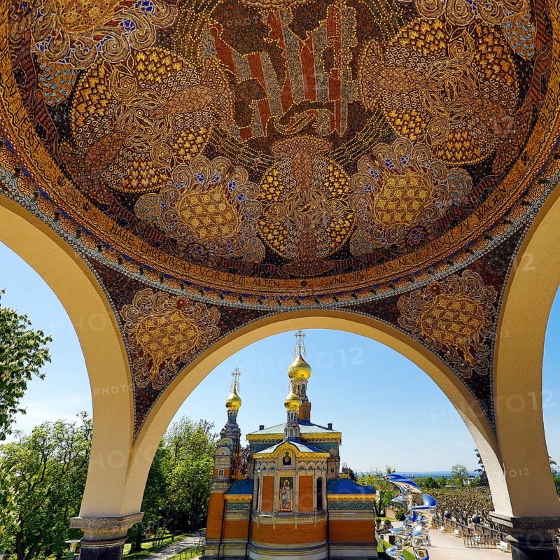 View from the pavilion with artistic mosaic of the Russian Chapel, Mathildenhöhe, UNESCO World Heritage Site, Darmstadt, Hesse, Germany