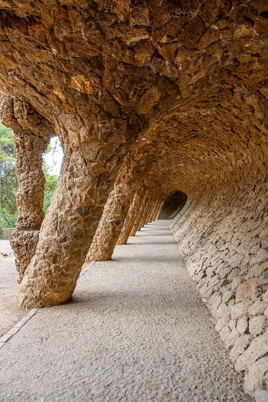 Colonnaded footpath, Park Gueell, Antonio Gaudi architect, Unesco World Heritage Site, Gracia District, Barcelona, Catalonia, Spain