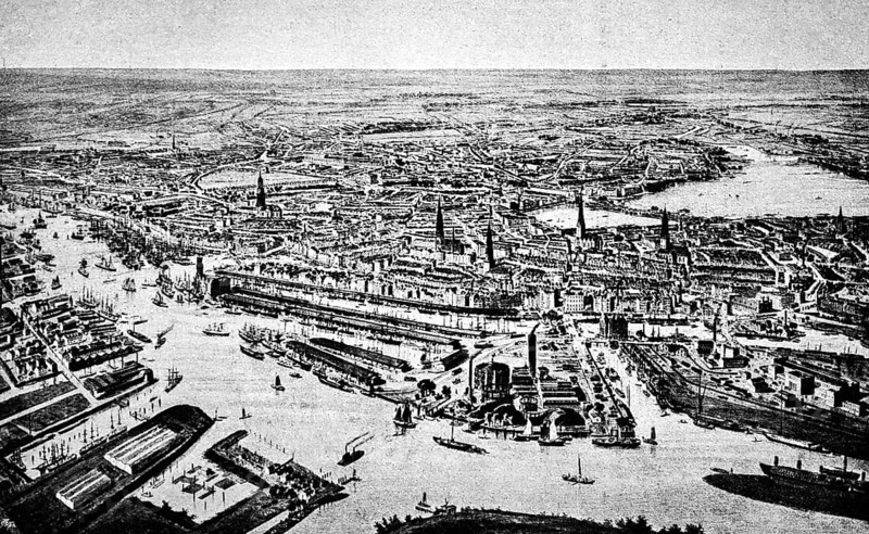 Cityscape of the Free and Hanseatic City of Hamburg on the Elbe, Inner and Outer Alster, harbour basin, Speicherstadt, canals, southern bank of the Elbe, busy shipping traffic, churches, historical illustration 1986