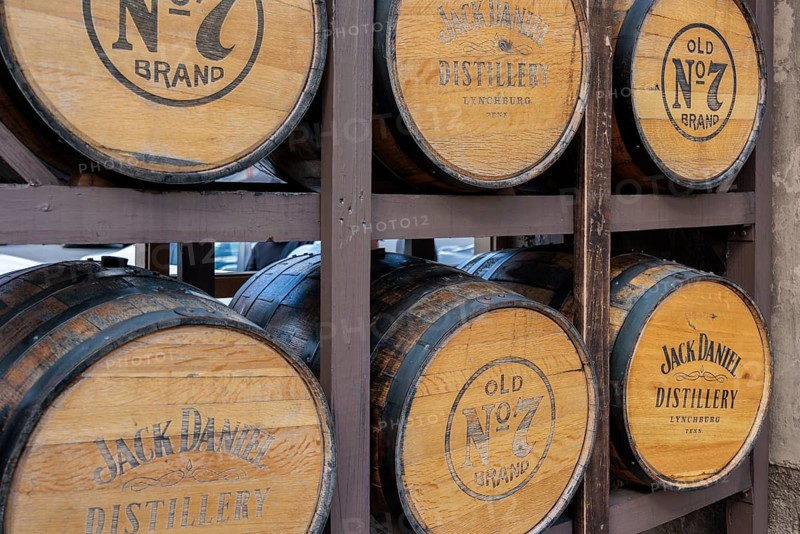 Barrels of whiskey aging in one of the barrel houses at the Jack Daniel Distillery in Lynchburg, Tennessee