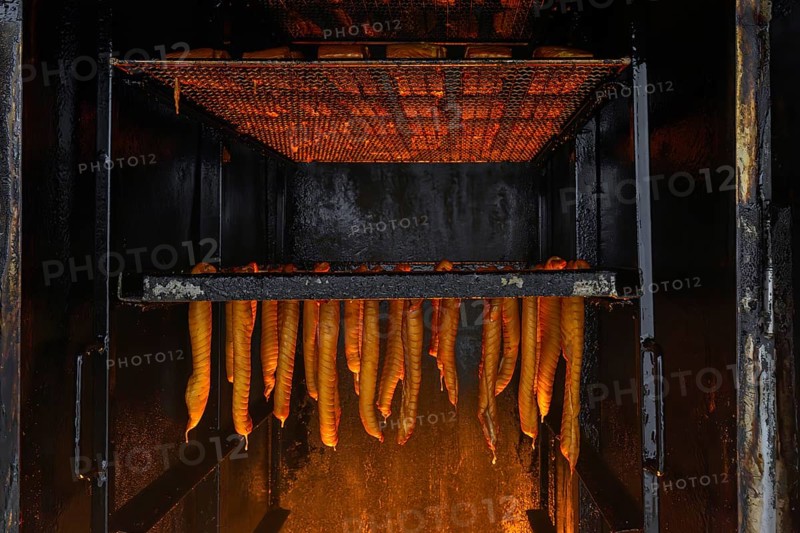 Smoking fish over beechwood fire in large metal smoker oven on the island Usedom in the Baltic Sea, Mecklenburg-Vorpommern, Germany
