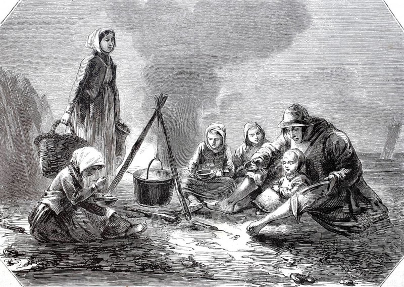 Fishing family, parents with four children, having dinner on the coast of Andresselles, Pas de Calais, 1875, France, digitally enhanced reproduction from a 19th century original, Historical, exact date unknown