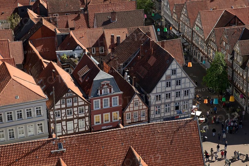 View from the town church tower over the roofs of the historic old town with its four hundred half-timbered houses, Celle, Lower Saxony, Germany
