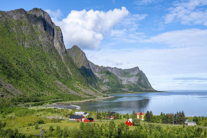 View from the Bergsbotn viewing platform, town with bay, Skaland, Senja