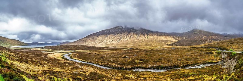 Panorama of Eas a' Bhradain waterfall, Red Cuillin mountains, Loch Ainort, Isle of Skye, Scotland, UK