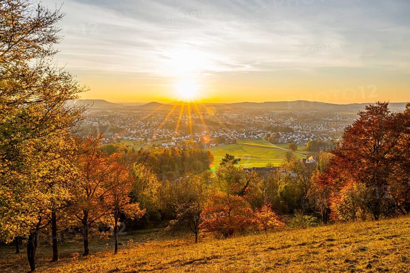 View over the city of Neumarkt from Wolfstein castle ruins at sunset in autumn, Neumarkt in der Upper Palatinate