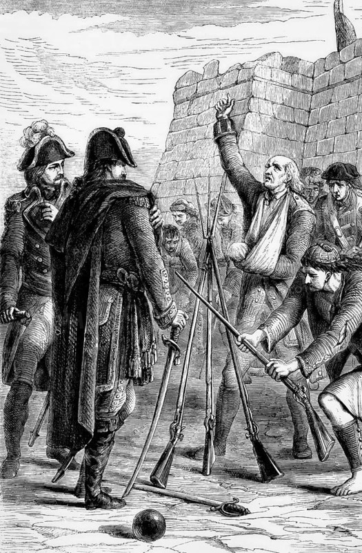 The surrender of the garrison during the Franco-Spanish conquest of Menorca from its British defenders in February 1782, after the siege of Fort St Philip, which lasted over five months, was an important step towards achieving Spain's objectives in the alliance with France against Great Britain during the American War of Independence, digital reproduction of a historical model
