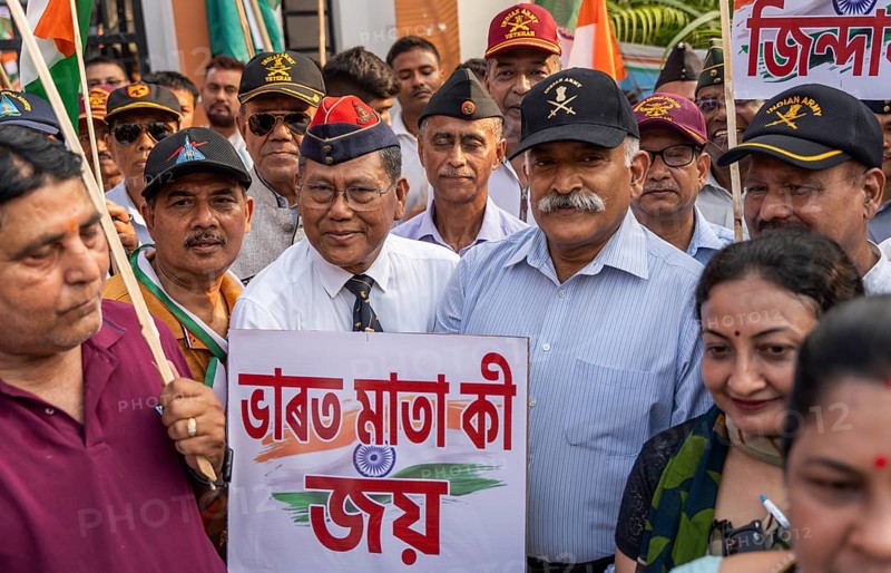 Veterans take part in a rally, in soliderity with the Indian armed forces in Guwahati, India on 14 May 2025. A nationwide campaign Tiranga Yatra organized by the Bharatiya Janata Party (BJP) to honor the Indian armed forces' success in Operation Sindoor