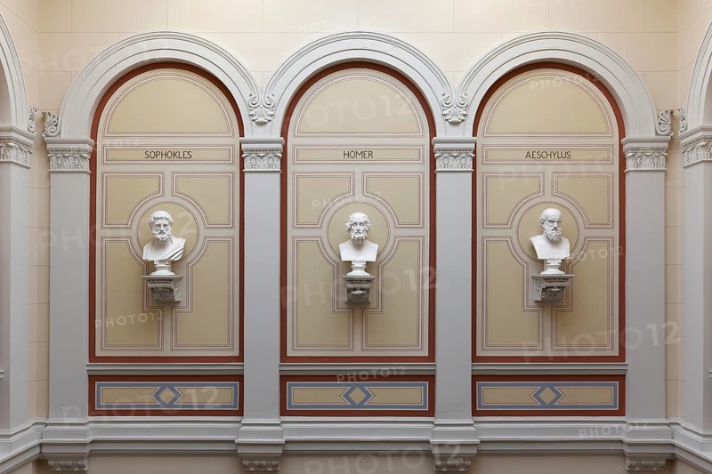 Staircase with busts of ancient Greek and Roman scholars, main building of the University of Rostock, Mecklenburg-Western Pomerania, Germany