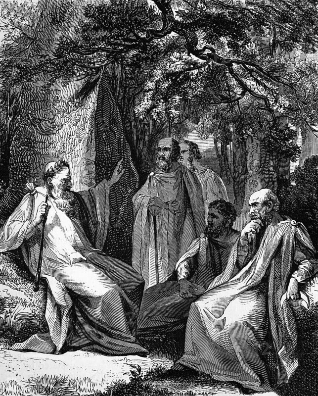 Druids in a sacred grove. In 54 AD, Emperor Claudius banned the Druids, digital reproduction of a historical model