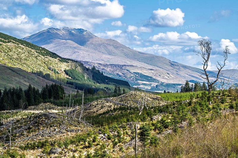 Mountains over Loch Tay, River Dochart, Road A85, Perthshire, Scotland, UK