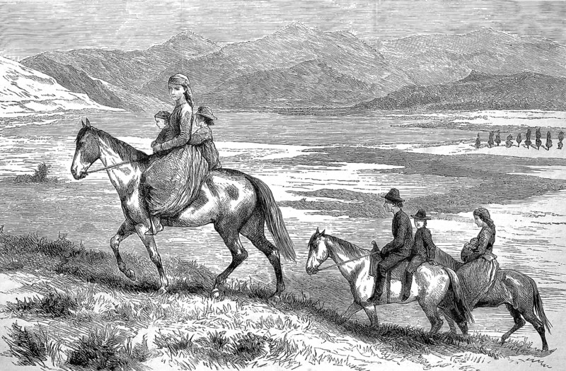 Indian family on horseback at Lake Okanagan, inland lake in British Columbia, 1880, Canada, Historical, digitally restored reproduction from a 19th century original, Record date not stated