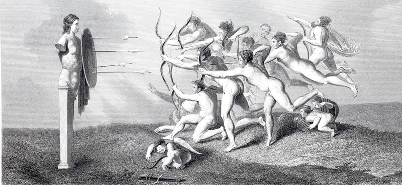 Archers shooting at a herm, Illustration from 1875 after a work by Michelangelo Buonarroti from 1530, digitally enhanced reproduction from a 19th century model, Historical, exact date unknown, Mythological scene with dynamic figures aiming bow and arrow at a target