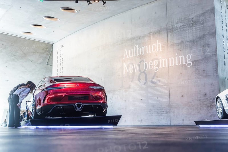 Mercedes-AMG GT Concept from 2017. The Mercedes-Benz Museum in Stuttgart presents a journey through the automotive history of the global corporation. Myth 6: The road to emission-free mobility, 1982 to the present day. The history of the Mercedes star begins with the first automobile in 1886. 160 vehicles are on display. Stuttgart, Baden-Württemberg, Germany