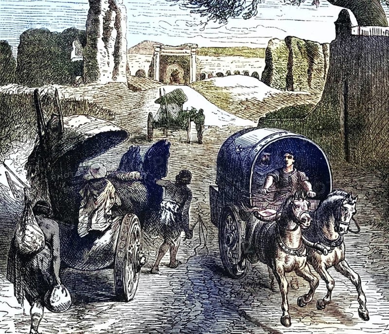 Roman vehicles on Roman roads, 3rd century BC, digital reproduction of a historical model
