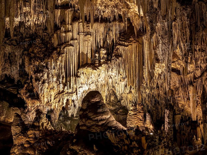 Cueva de Nerja, illuminated cave, large stalagmites and stalagtites, Nerja, Andalusia, Spain