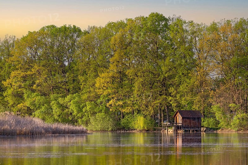 Boathouse, in spring, Neudau ponds, Neudau, Styria, Austria