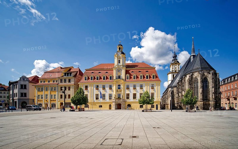 Baroque town hall, Protestant late Gothic St. Mary's Church, town church, and Mohren Pharmacy, market square, Weißenfels, Saxony-Anhalt, Germany