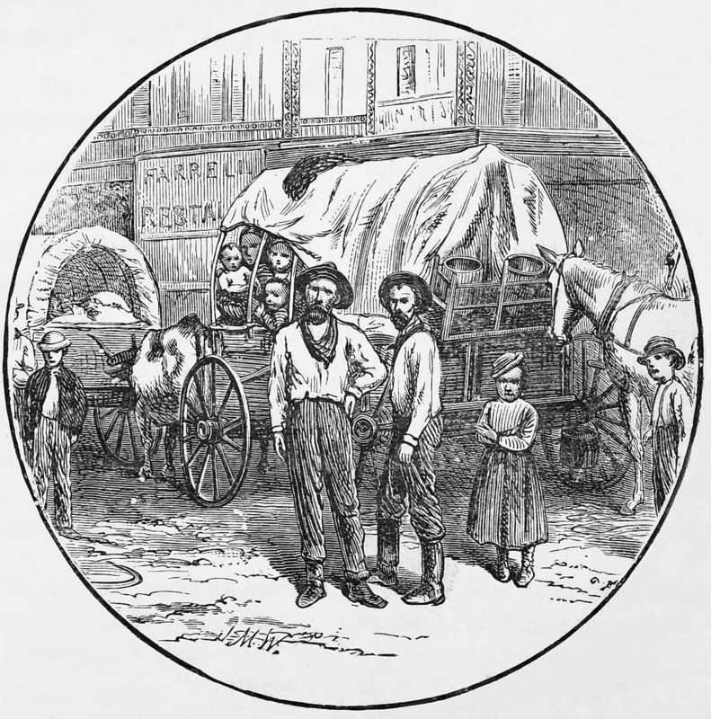Emigrant family and wagon, around 1870, Kansas, America, digital reproduction of a historical model