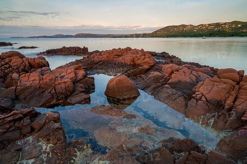 Rocky coast, sunrise, Plage de Palombaggia, Corsica, France