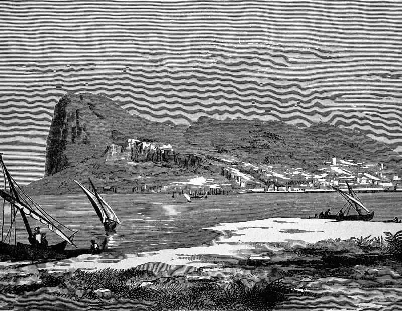 Sailing ships at the Strait of Gibraltar, rocks, mountain, houses, seen from Africa, Spain, historical illustration 1986