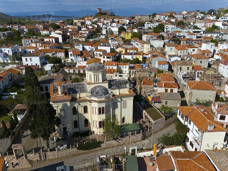 Historic church with dome in an old town full of narrow streets and red roofs, aerial view, Alibey, Alibey Adasi Island, Ayvalik, Turkey